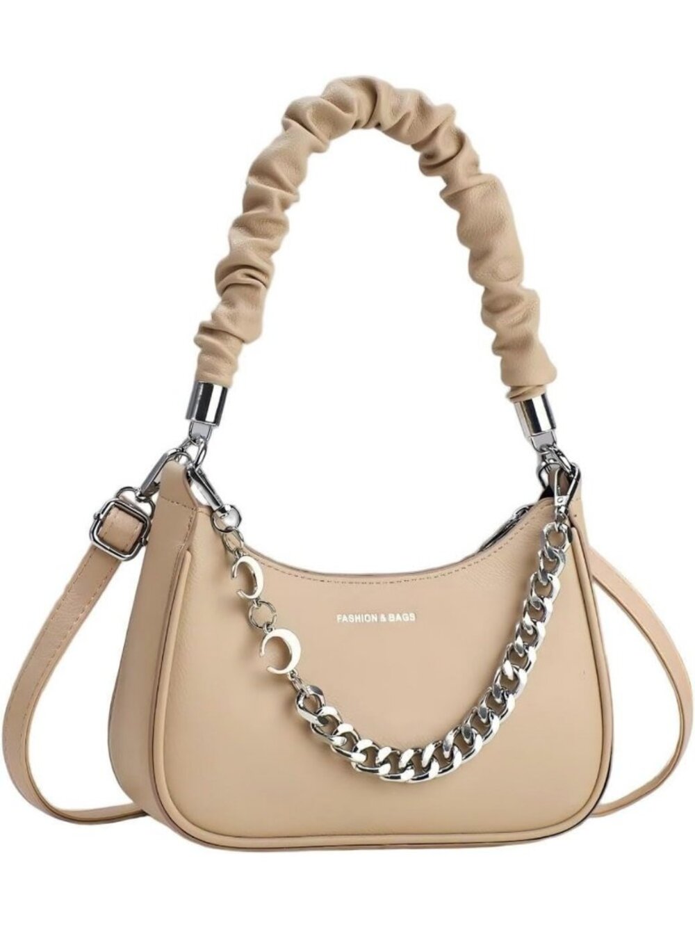 Stylish Ruched Handle Shoulder Bag | Crescent Chain Hobo Crossbody Purse